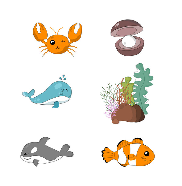 Pon criaturas marinas en aguas profundas. Para póster, diseño, medios de enseñanza. Día mundial del océano y salvar el océano. Proteger el medio ambiente. Vector. - Vector, imagen