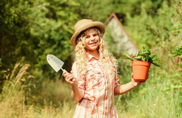 Happy childrens day. Happy childhood. Child in hat with shoulder blade small shovel hoe. Happy smiling gardener girl. Ranch girl. Planting plants. Little kid hold flower pot. Spring country works - Foto, Bild