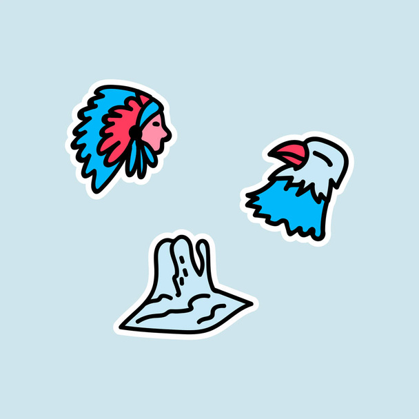 A set of stickers for attractions in the United States. The set includes a birds head, a portrait of the chief, and a Canyon. The illustrations are made in multicolour color 6 the main colors are - Vektor, obrázek