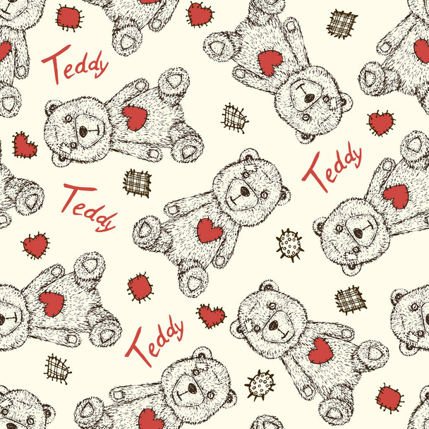 Teddy beer met hartvormige patch, met de hand getekend doodle schets, naadloos patroon ontwerp op zachte gele achtergrond - Foto, afbeelding