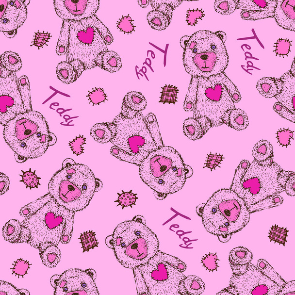 Teddy beer met patches en inscriptie, met de hand getekend doodle schets, naadloos patroon ontwerp op zachte roze achtergrond - Foto, afbeelding