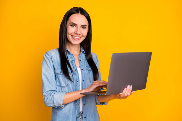 Portrait of positive cheerful smart girl work laptop from home have quarantine wear good look outfit isolated over shine color background - Photo, image
