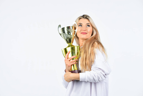 Competition winner. Happy woman showing her trophy. Sport success. Champion cup symbol of success. Successful sport career. Success concept. Just love to be best one. Congratulations concept - Photo, Image