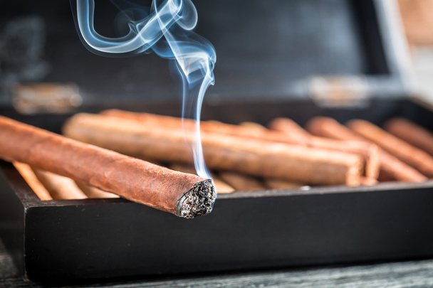 Closeup of burning cigar on wooden humidor - Φωτογραφία, εικόνα