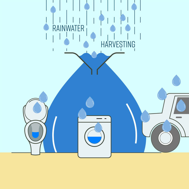 Raccolta dell'acqua piovana per il riutilizzo domestico. Risparmia concetto di acqua. Illustrazione vettoriale. - Vettoriali, immagini
