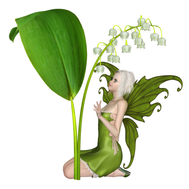 Fantasie-Illustration einer hübschen weißhaarigen Fee, die unter einer Maiglöckchen-Blume kniet, 3D digital gerenderte Illustration - Foto, Bild