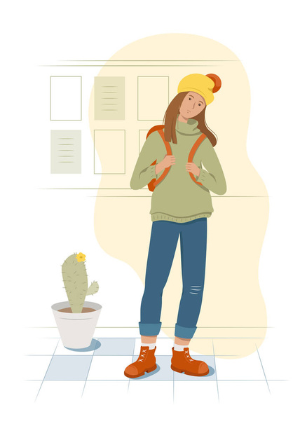 Eine müde Studentin steht mit einem Rucksack hinter ihrem Rücken. Informationswand und Kaktus im Hintergrund. Flache Vektor-Illustration.  - Vektor, Bild