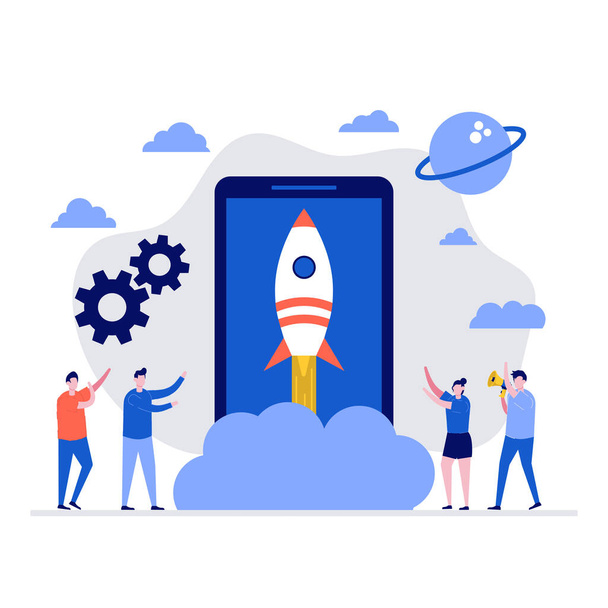 Startup vector illustration concept with characters and rocket launch. Modern flat style for landing page, mobile app, poster, flyer, template, web banner, infographics, hero images. - Vector, Image