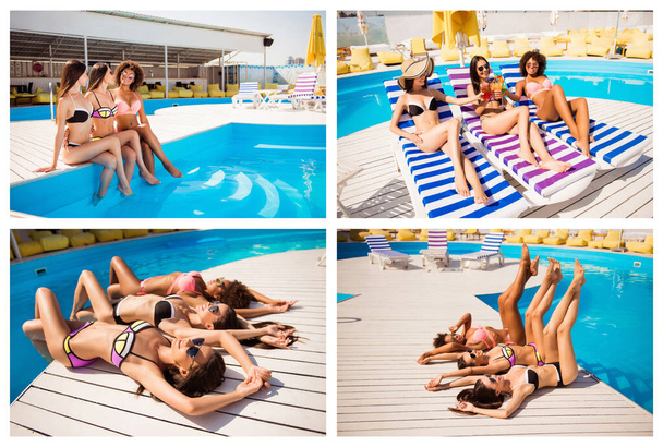 Carefree freedom luxury resort deck chair beauty fashion concept. Photo image collage of beautiful tempting multicultural sensual babes models - Fotografie, Obrázek