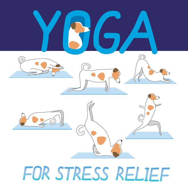 Yoga para aliviar el estrés y lindo personaje Jack Russell Terrier como concepto de yoga, asanas, meditación, actividad. Ilustración plana o esquemática del stock vectorial con perro como colección o conjunto de ejercicios
 - Vector, imagen