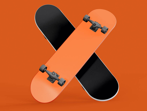 3Dイラスト。隔離されたオレンジの背景に黒とオレンジのスケートボード。都市活動。ストリートスポーツのコンセプト. - 写真・画像