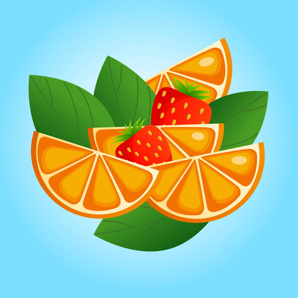 Ilustração vetorial de morangos vermelhos e fatias de laranja com folhas verdes em um fundo azul. Morango e laranja para etiqueta, logotipo, menu e site, publicidade, ícones para impressão em tecido
. - Vetor, Imagem