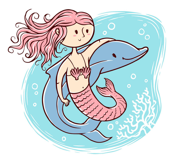 roztomilý karikatura mořská panna s delfíní vektor ilustrace - Vektor, obrázek