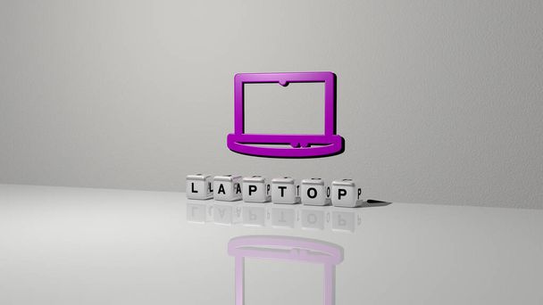 3D иллюстрация графики LAPTOP и текста, сделанные металлическими буквами кубиков для соответствующих значений концепции и презентаций. компьютер и бизнес - Фото, изображение