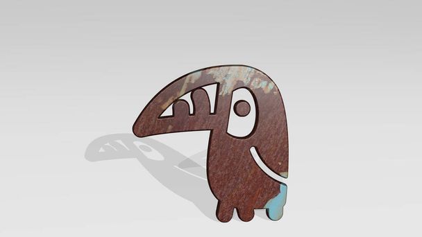 Papagei Wildvogel wirft Schatten aus einer Perspektive. Eine dicke Skulptur aus metallischen Materialien im 3D-Rendering. Tier und Illustration - Foto, Bild