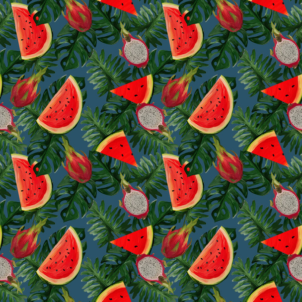 Modernes, nahtloses Muster mit Drachenfrucht, Wassermelone, tropischen Blättern auf marineblauem Hintergrund. Sommerstimmung. Handgemalte botanische Illustration für Textilien, Verpackungen, Stoffe. - Foto, Bild