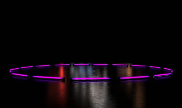 Une mise en scène de surface réfléchissante noire vide éclairée par un arrangement circulaire de lumières fluorescentes violettes - rendu 3D - Photo, image