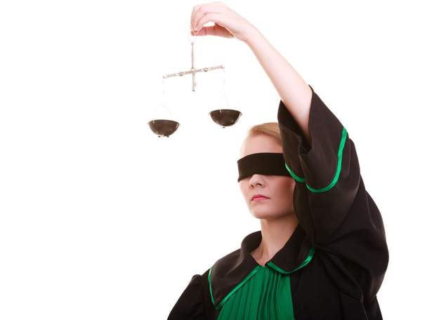 female lawyer attorney in classic polish black green gown and scales - Zdjęcie, obraz