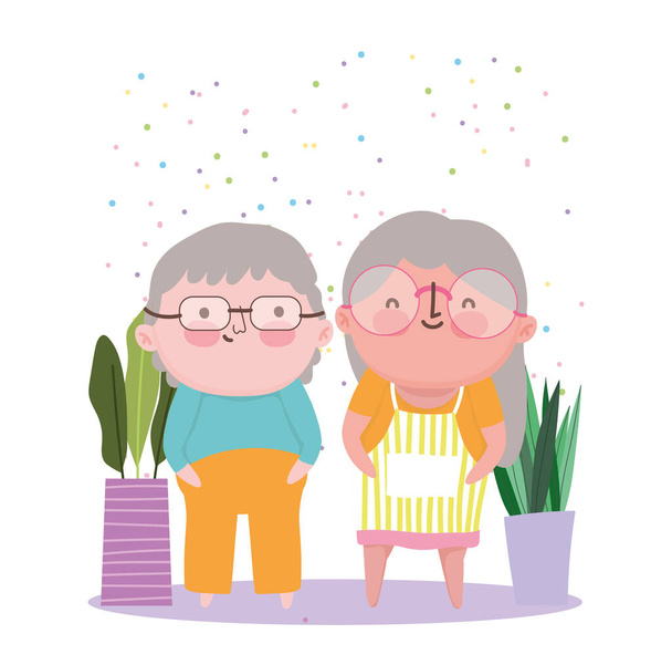 onnellista isovanhemmista päivä, vanha söpö pari sarjakuva, isoisä isoäiti merkkiä - Vektori, kuva