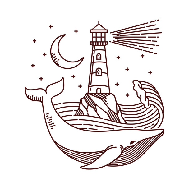 Whale and lighthouse line illustration - Vector, Image