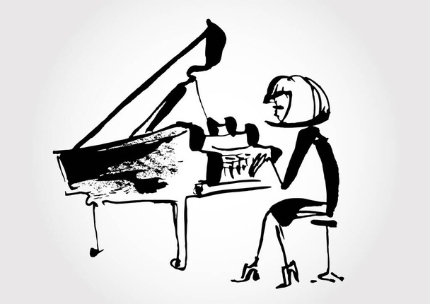 Μελάνι διασκεδαστικό σχέδιο του πιανίστα για το θέμα της τζαζ μπαρ - Διάνυσμα, εικόνα