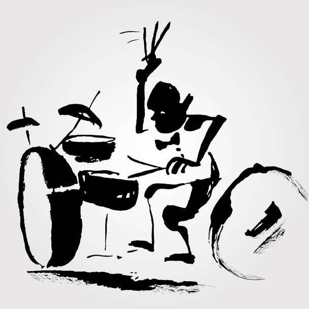 Encre dessin amusant du batteur pour le thème du bar de jazz - Vecteur, image
