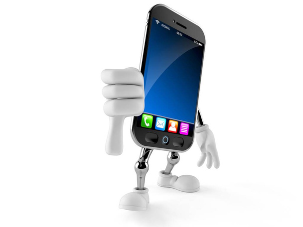 Personaggio smartphone con pollice in giù isolato su sfondo bianco. Illustrazione 3d - Foto, immagini