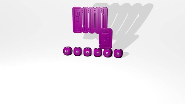 3D-grafisches Bild der Heizung vertikal mit Text aus metallischen kubischen Buchstaben aus der Perspektive von oben, hervorragend für die Konzeptpräsentation und Diashows. Illustration und Heizung - Foto, Bild