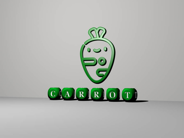 3D illustration of CARROT graphics and text made by metallic dice letters for the related meanings of the concept and presentations. background and food - Photo, Image