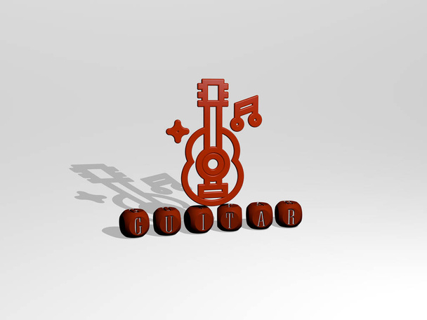 3D иллюстрация гитарной графики и текста, сделанные металлическими буквами кубиков для соответствующих значений концепции и презентаций. фон и акустика - Фото, изображение