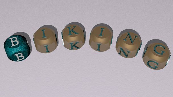 Kombination aus BIKING aus kubischen Buchstaben von oben, hervorragend für die Konzeptpräsentation. Fahrrad und Fahrrad - Foto, Bild