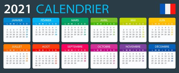 Vector template of color 2021 calendar - French version - Vector, Image