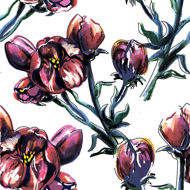 Seamless pattern with blooming peonies. Drawing by hand in vintage style. The texture of the paint. - Vettoriali, immagini