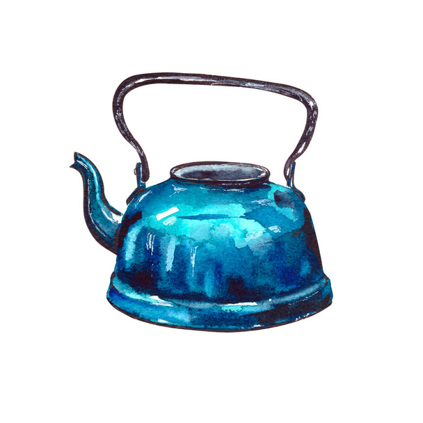 Watercolor illustration.enameled vintage teapot in blue .old retro tableware.Isolated on a white background - Photo, Image