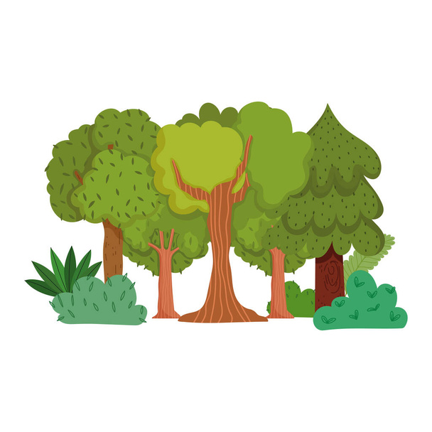 лісові дерева кущі трава листя рослини зелень мультфільм дизайн
 - Вектор, зображення