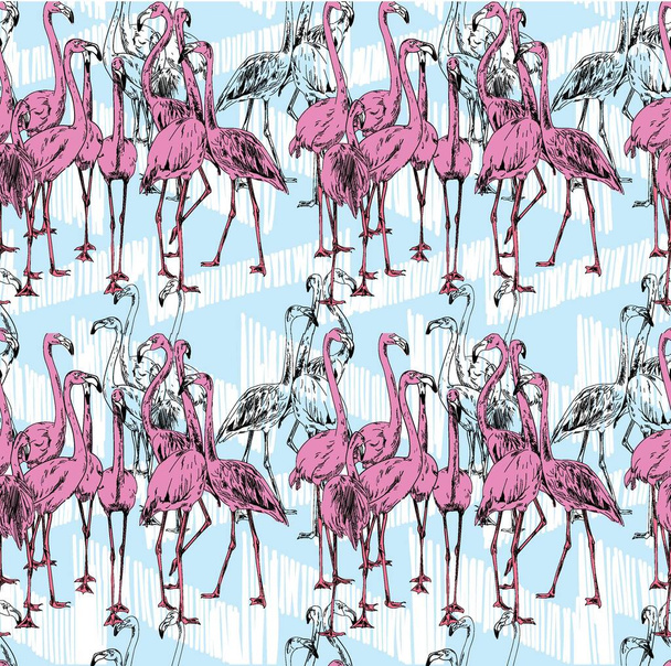 Seamless pattern with birds. Flamingo. Bright, summer, ethnic. Meditative coloring. Mandala, dudling drawing. Drawing from the hand. Points, stripes, arrows, flowers. - Vektor, Bild