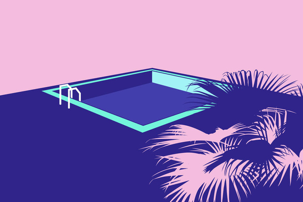Плоский бассейн и пальма, простой эстетический иллюстративный фон - Вектор,изображение
