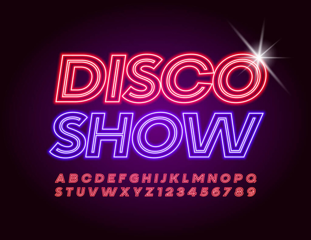Vector entertainment poster Disco Show. Red Neon Font. Bright glowing Alphabet Letters and Numbers - Vettoriali, immagini