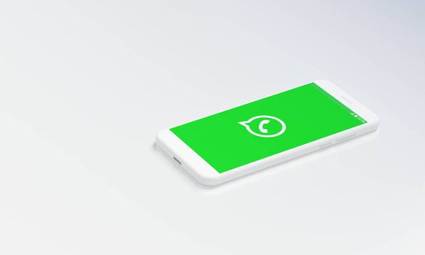 Logo Whatsapp na obrazovce Smart Phone. Nejoblíbenější sociální média pro chat a zasílání zpráv. 3D vykreslení - Fotografie, Obrázek