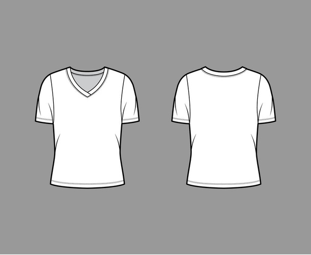 VネックジャージTシャツ技術的なファッションイラストで短いリブ袖、オーバーサイズボディ.  - ベクター画像