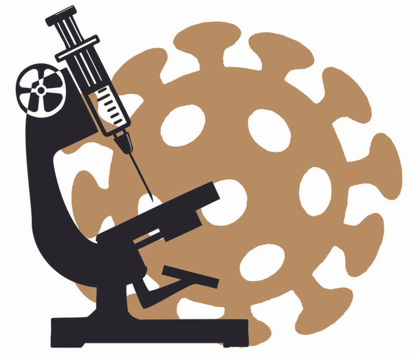 Laboratory magnifying glass, syringe against the background of a model of the Covid-19 coronavirus. - Photo, Image