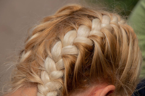 Σκουλαρίκια πλεγμένα στο κεφάλι μιας νεαρής ξανθιάς κοπέλας. - Φωτογραφία, εικόνα