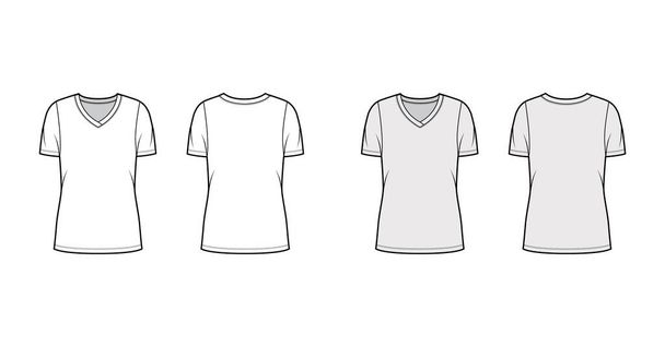 Camiseta de jersey con cuello en V ilustración técnica de moda con mangas cortas, cuerpo sobredimensionado, longitud de túnica.  - Vector, Imagen