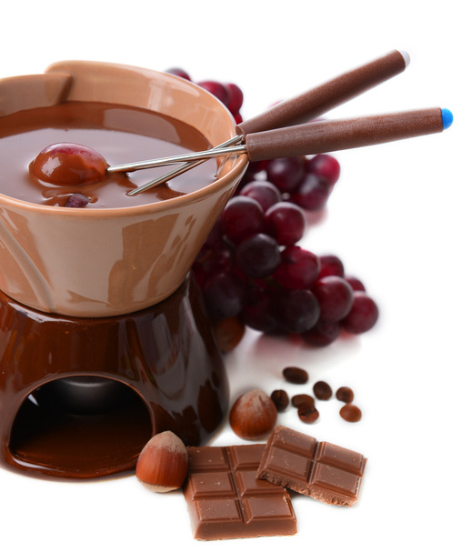 Chocolate fondue with fruits, isolated on white - Fotoğraf, Görsel