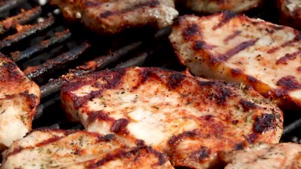 Asar filetes de cerdo. Deliciosos filetes de carne cocinados en la parrilla de la barbacoa
 - Imágenes, Vídeo