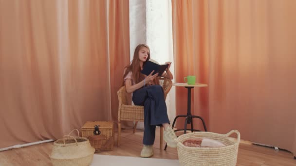 Mladá žena čtení knihy v útulném obývacím pokoji, otočit stránku, učení, studium, vzdělávání, číst knihy, úsměvy - Záběry, video