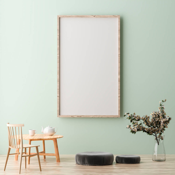 Blank vertical poster frame mock up standing on green wall. One wooden frame isolated in Scandinavian interior. 3d rendering - Fotografie, Obrázek