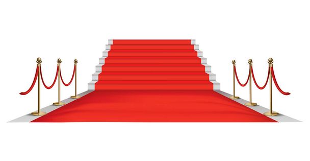 Punainen matto kultainen esteitä. Ainutlaatuinen tapahtuma. Punainen matto portaat punainen köydet ja kultainen stanchions. Ensi-ilta, gaala, seremonia, palkintokonsepti - Vektori, kuva