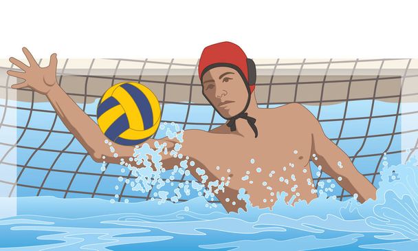 water polo male goalkeeper saving ball from net in swimming pool - Vector, Image