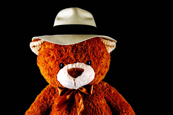 Αρκουδάκι φορώντας ένα καπέλο του Παναμά απομονωμένο σε μαύρο φόντο - Φωτογραφία, εικόνα